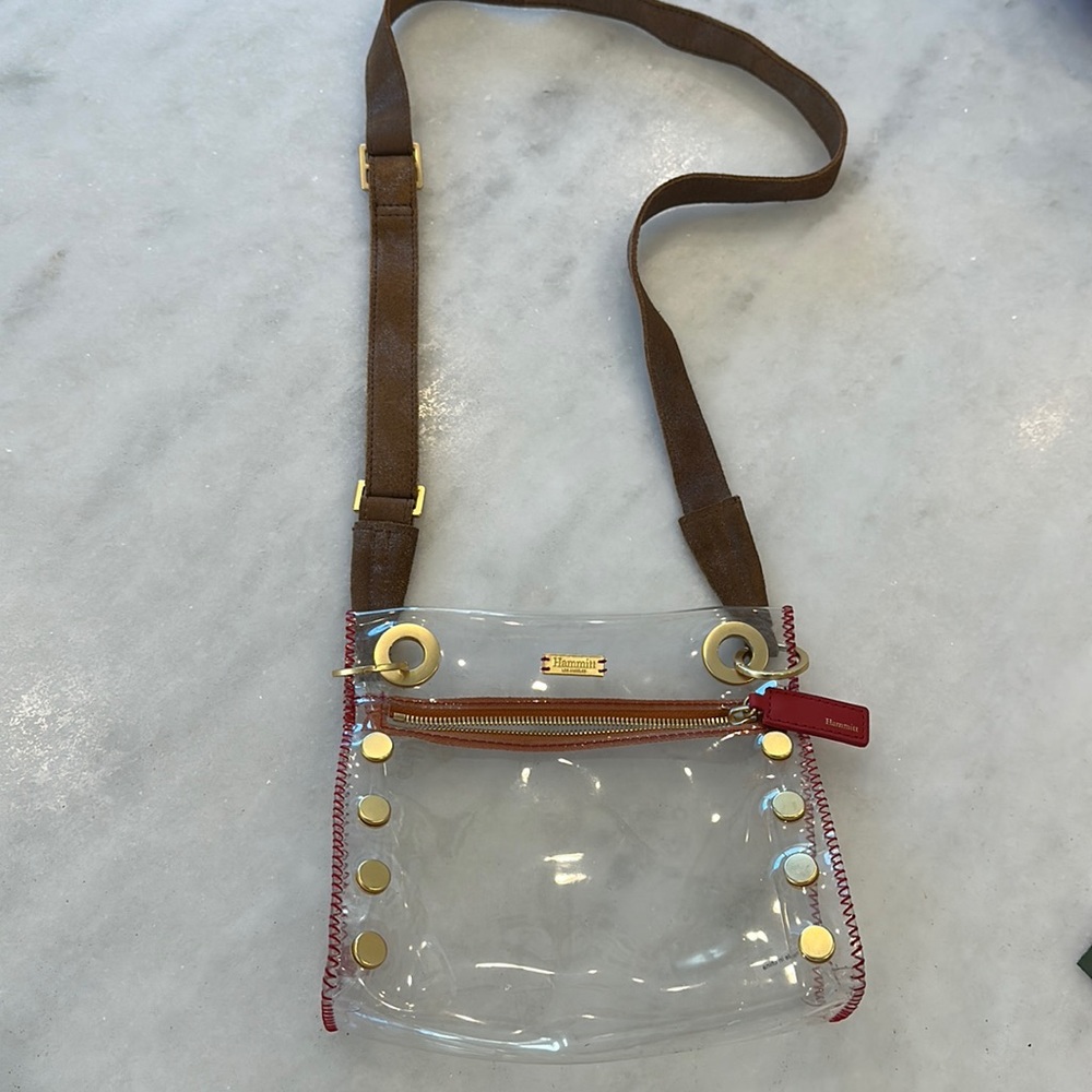 Hammitt Tony Small Clear Crossbody Candlelight Orange Leather with Gold Buttons